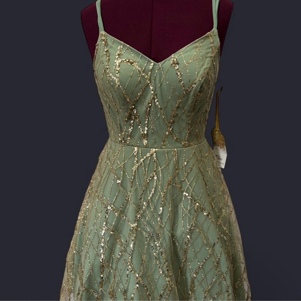 Macy's Elegant Green and Gold Prom Dress